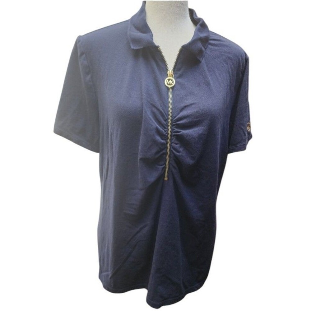 Michael Kors Half-Zip Ruched Polo Shirt Navy Size XL Gold Logo Charm